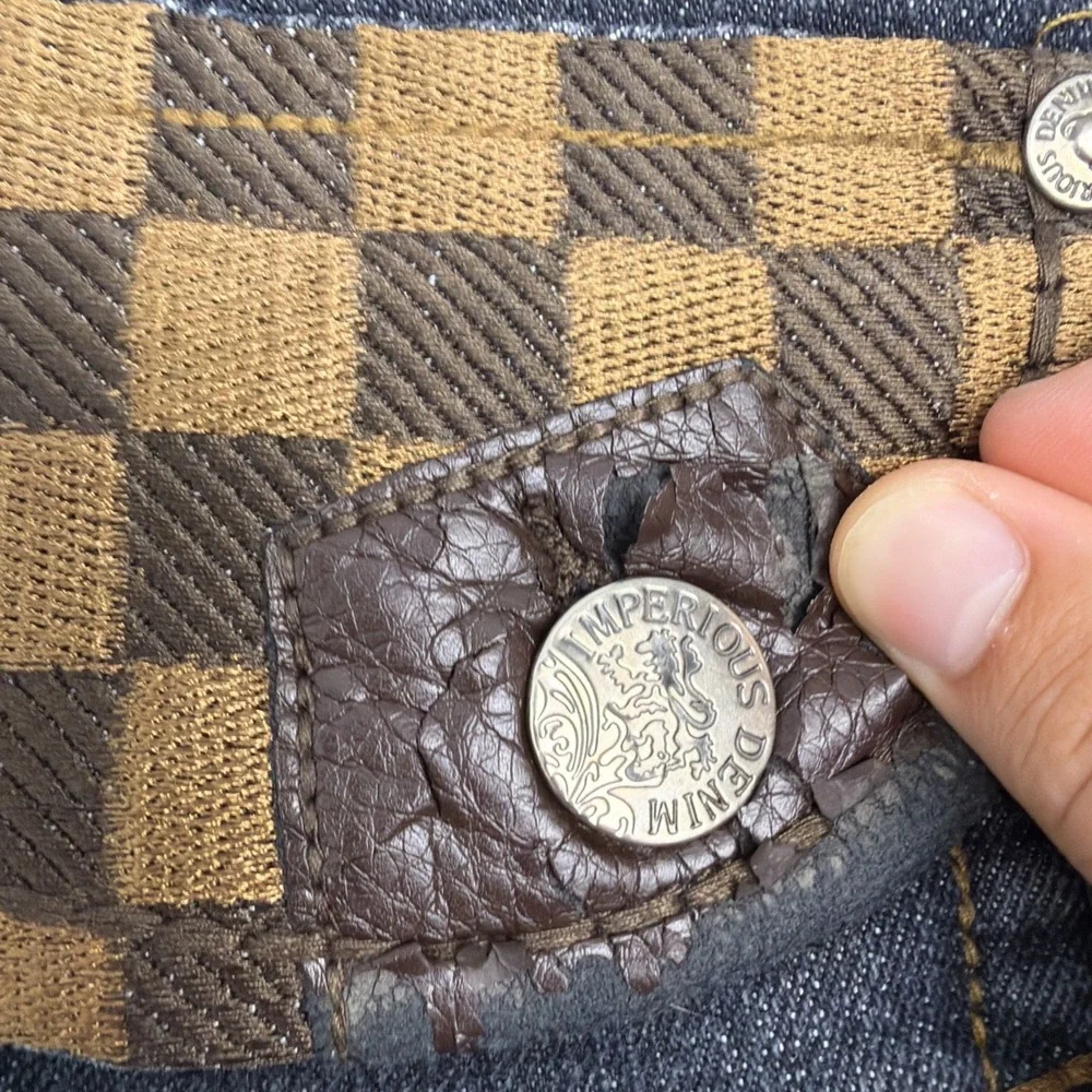 Vtg Y2K Imperious Delf Trading Men Grey Jeans 38x32 Checkerboard Flap Rhinestone